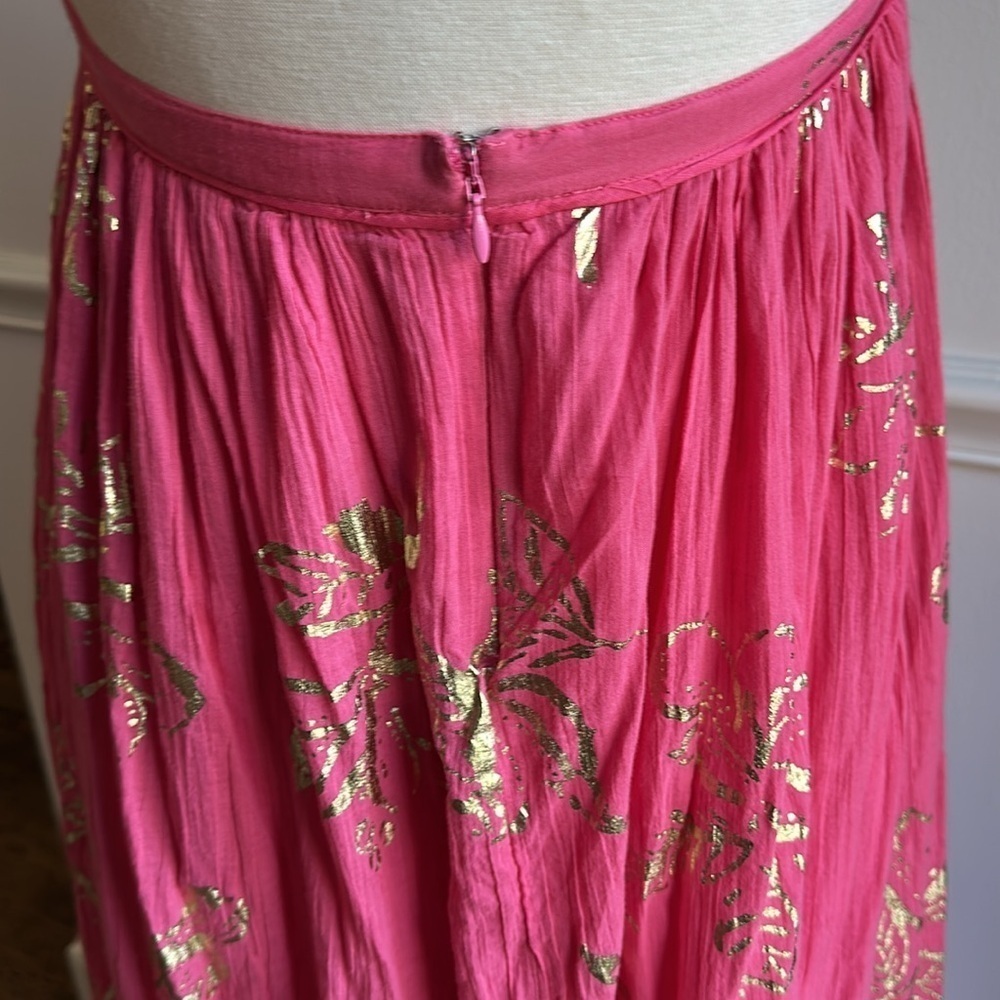 Free People Baja Babe Midi Dress Pink Gold Foil Sleeveless Medium EUC - Picture 7 of 8